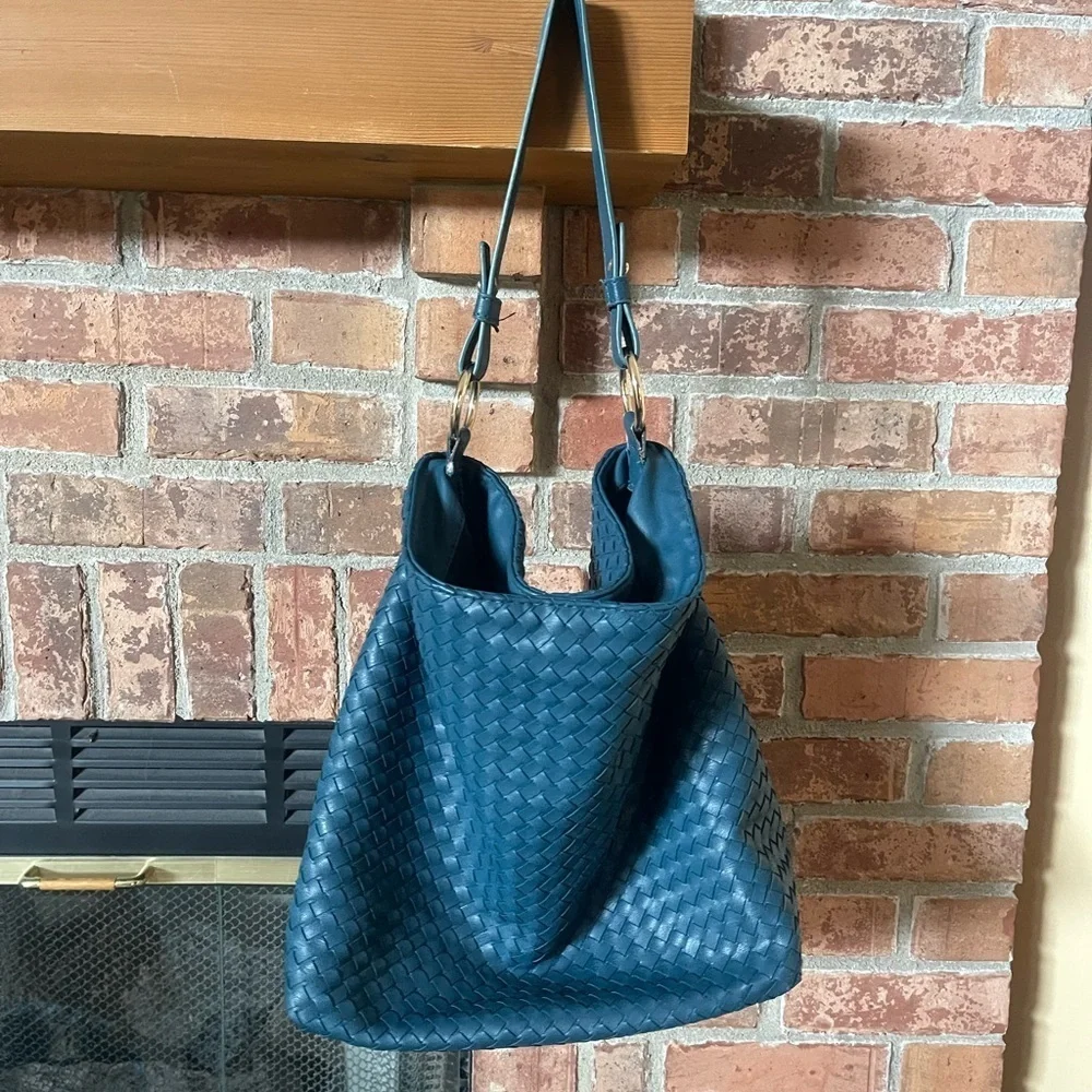 Lulu Dharma Sapphire Teal Blue Woven Hobo Baby Bucket Bag